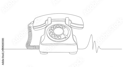Vintage rotary telephone, continuous line art on white