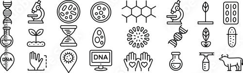 Biotechnology and Science Line Icons Set Featuring DNA, Genetics, Laboratory Research, Microscopy, Medical Analysis and Bioengineering Symbols in Outline Style