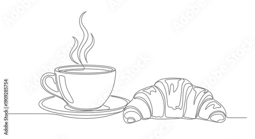 Steaming coffee cup with croissant, minimalist line art breakfast