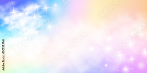Pastel sky background with soft glitter gradients, cute princess unicorn dreams, magical rainbow stars, and iridescent fantasy light creating enchanted sparkle atmosphere. Vector illustration.