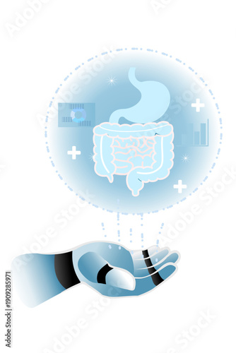 AI Healthcare Technology Concept with Robotic Hand and Digital Human Digestive System Hologram