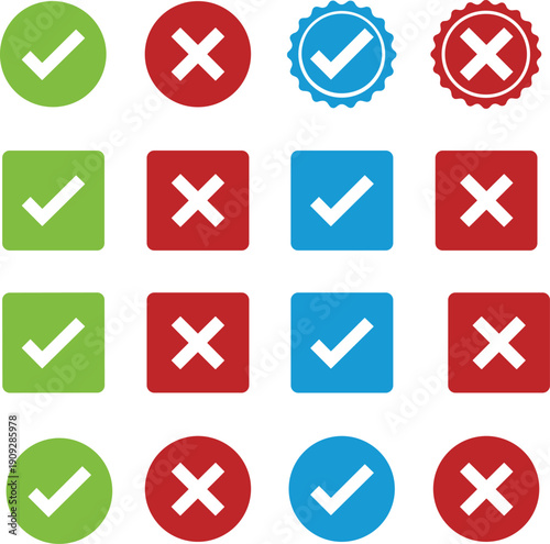Check and cross icon set showing approval and rejection symbols in multiple colors isolated on white background for user interface and validation design