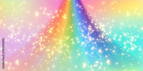 Fantasy rainbow gradient backdrop featuring pastel clouds, magical sparkles, unicorn dreams, and iridescent princess colors in soft watercolor bokeh style. Vector illustration.