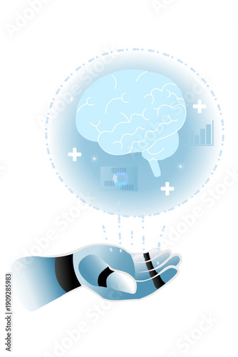 Artificial Intelligence Concept with Robotic Hand Holding Digital Human Brain Hologram