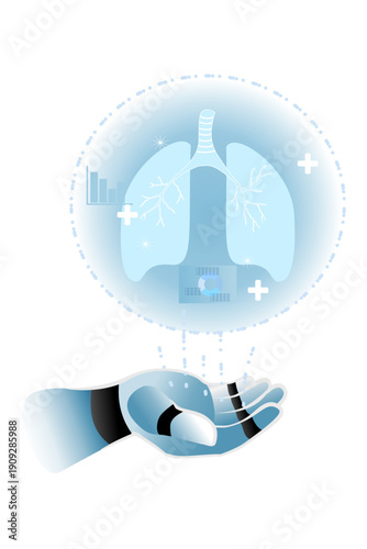 Futuristic AI Hand Holding Digital Human Lungs Hologram for Healthcare Technology and Respiratory Innovation Concept