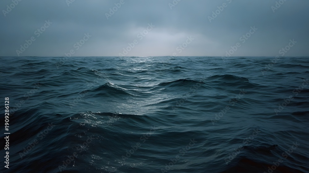 Obraz premium A vast dark ocean under a moody cloudy sky with powerful rough waves reaching the horizon