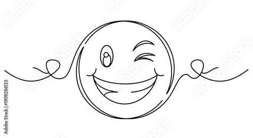 Winking smiley face with wide grin in continuous line art