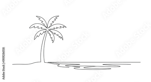Single palm tree on a beach in minimalist line art