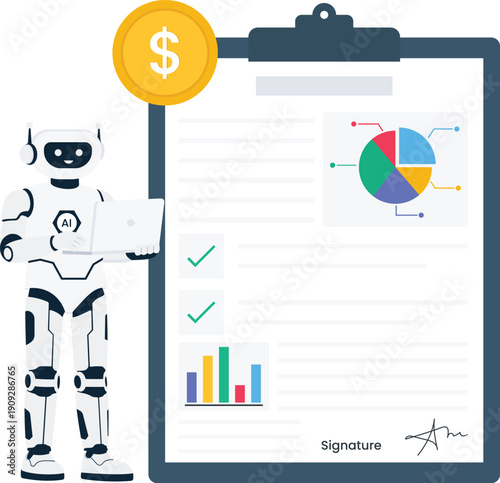 AI Robot financial analysis business automation digital contract data report dollar coin technology concept futuristic machine smart accounting robotic process modern technology business document