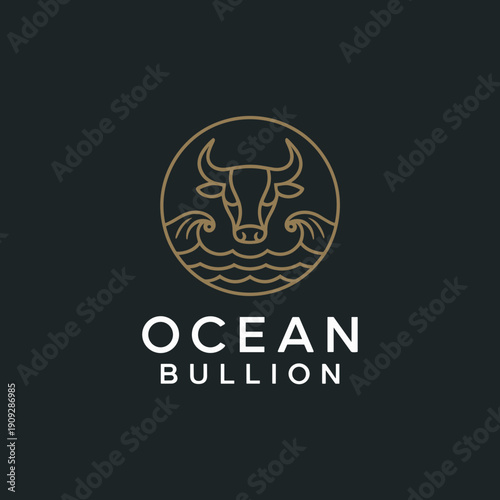 Modern Ocean Bullion Logo with Minimalist Gold Bull Head and Circular Sea Wave Monoline Icon