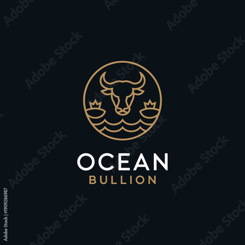 Modern Ocean Bullion Logo with Minimalist Gold Bull Head and Circular Sea Wave Monoline Icon