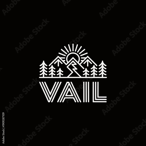 Obraz na plátně Minimalist VAIL Logo Design with Linear Mountain Peaks Sunrise and Pine Forest I