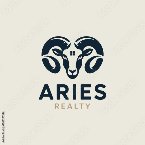 Modern Aries Realty Logo with Minimalist Ram Head Icon and Real Estate Window Symbol for Property Branding
