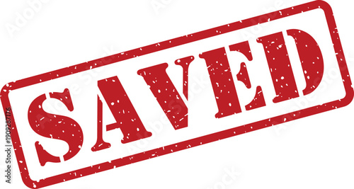 Distressed red rubber stamp featuring the word SAVED on a bright white background