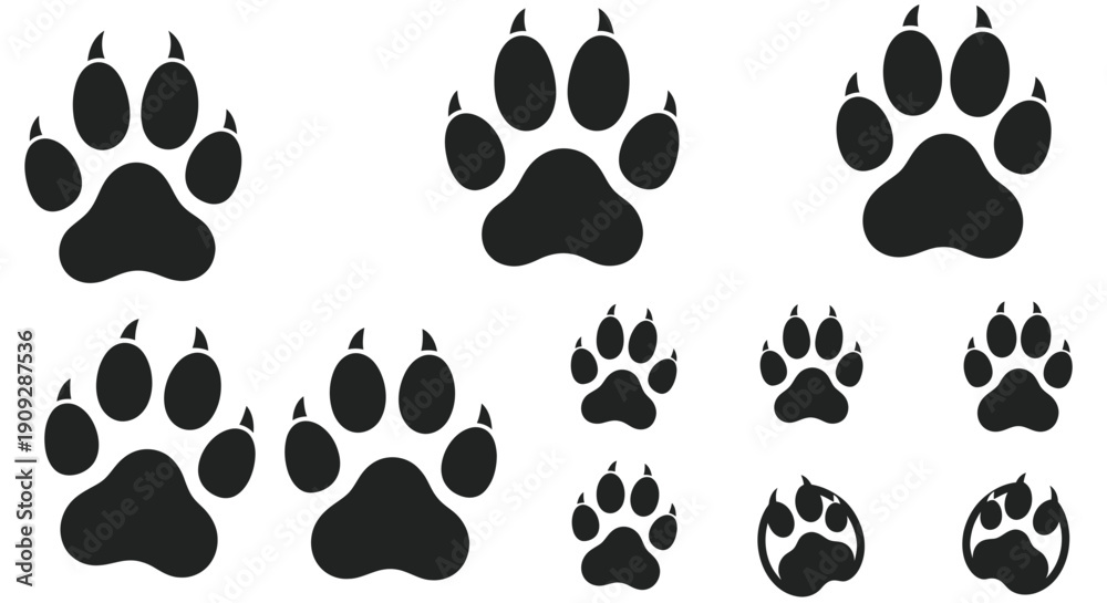 Fototapeta premium Collection of Animal Paw Prints Icons, Vector Footprints of Wild Animals, Mammal Tracks