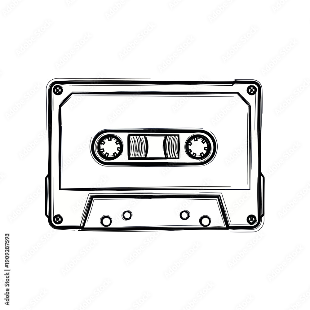 Fototapeta premium Retro cassette tape sketch, vintage audio recording, analog music storage, nostalgia symbol