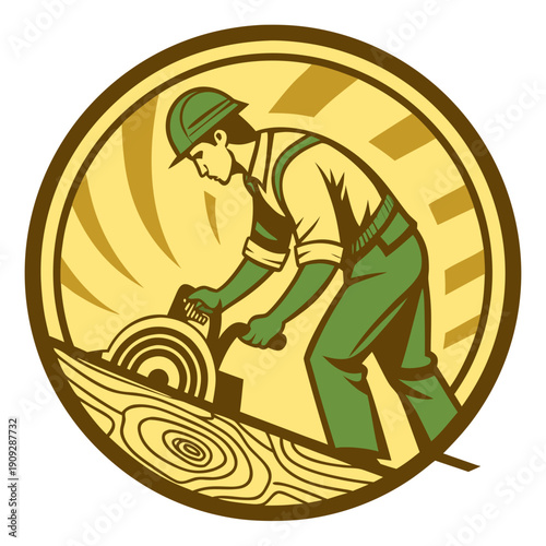 Carpenter with circular saw illustration, vintage workshop emblem style, earthy green and brown colors, woodworking and carpentry industry logo concept