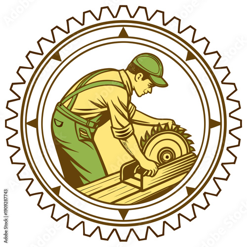 Carpenter with circular saw illustration, vintage workshop emblem style, earthy green and brown colors, woodworking and carpentry industry logo concept