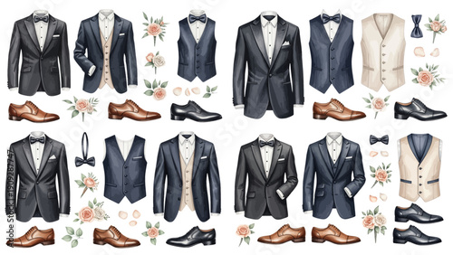 A charming watercolor collection of classic formal menswear, including tuxedos, suits, waistcoats, bow ties, dress shoes, and floral boutonnieres.