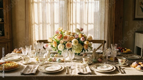 Elegant dining table beautifully set with flowers for Easter celebration  