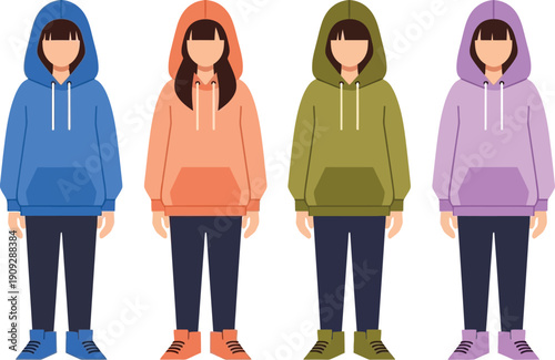 A colorful illustration of four young people wearing different colored hoodies and standing in a row