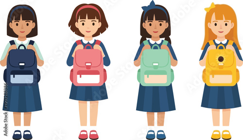 A colorful illustration of four schoolgirls wearing different colored backpacks and uniforms
