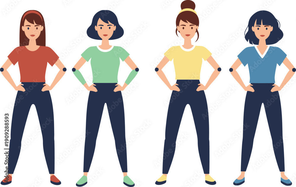 Fototapeta premium A group of four confident women standing together in colorful outfits and fitness trackers