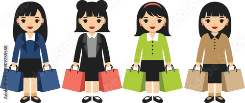 A group of cartoon women holding colorful shopping bags in a vector illustration