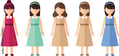 A colorful illustration of five cartoon girls wearing different colored dresses and standing in a row