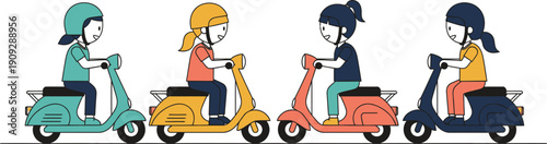 A colorful illustration of four girls riding scooters in a row on a beige background