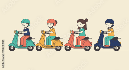 A colorful illustration of four people riding scooters in a row with helmets on a beige background