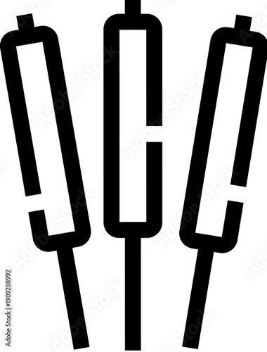 Three cattail plants with tall stems and distinctive seed heads, minimalist black and white line art silhouette evoking wetlands, marsh habitat, aquatic ecology and conservation