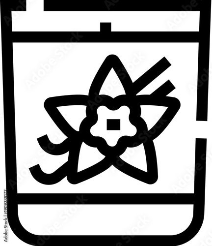 Vanilla flower and pod placed inside a glass, representing natural flavor, culinary ingredients, aromatherapy, and the essence of sweet fragrances for cooking and baking