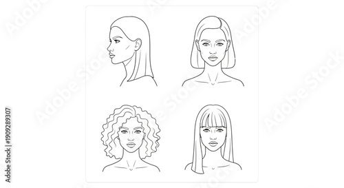 Diverse Women Faces Line Art: Profile, Front View, Curly Hair, Bangs