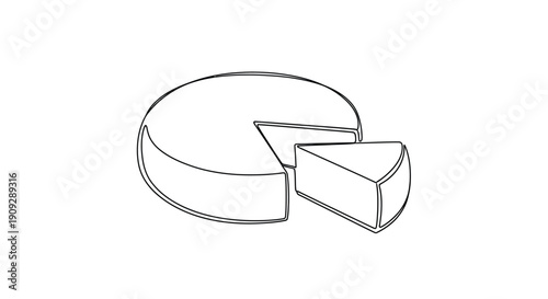 Wheel of cheese with slice cut, single line art, food, dairy, simple, rustic