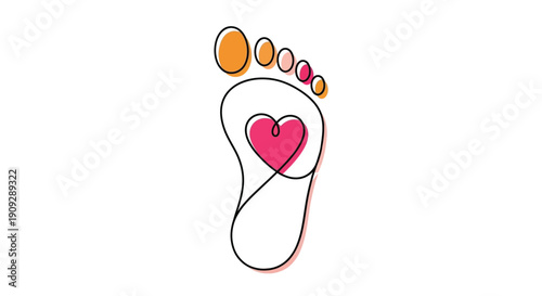 Footprint with heart, single line art, love, pink and orange, walk with love