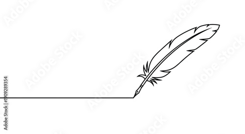 Feather quill writing a straight line, single line art, writing, author, history