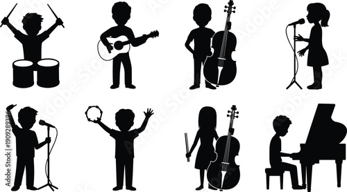 Children musicians silhouettes illustration, kids playing instruments, piano, cello, guitar, tambourine, singing with microphone, youth music ensemble, live performance concept