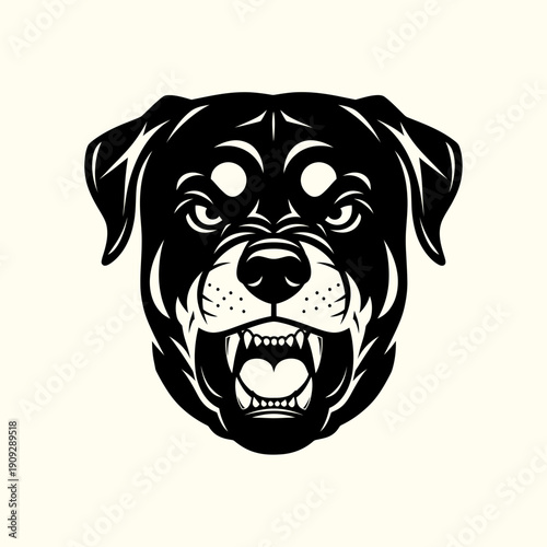 Aggressive Rottweiler Dog Head Portrait, Fierce Expression, Bared Teeth, Black and White