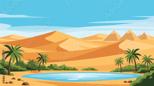 Beautiful desert oasis features a clear blue pond surrounded by lush palm trees with ancient pyramids standing in the distance.