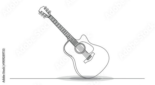 Acoustic guitar leaning, minimalist line art of a musical instrument on a stage