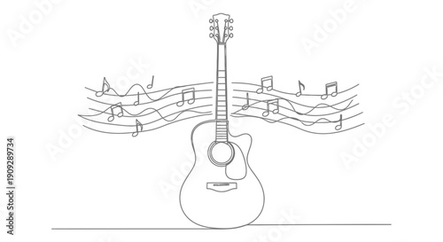 Acoustic guitar with musical notes, line art representing music, melody, and performance