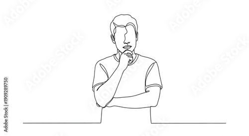 Thoughtful man in t-shirt, minimalist line art of person contemplating with hand on chin