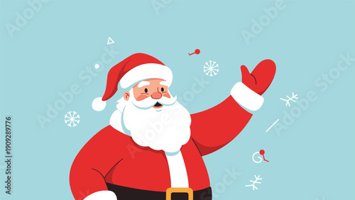Cheerful Santa Claus waves his hand against a light blue background filled with festive snowflakes and holiday shapes.