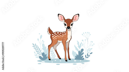 Cute baby deer stands alert in a meadow surrounded by soft blue flowers and plants in a peaceful forest setting.