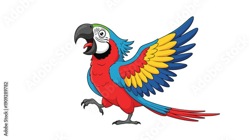 Brightly colored macaw parrot character with red blue and yellow feathers walking with its mouth open on a white background.