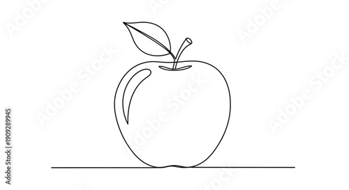 Minimalist single line drawing of an apple with a leaf, healthy food, education