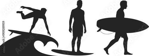 Surfing silhouettes set, surfer riding ocean wave and carrying surfboard isolated on white background, summer sport concept, flat vector illustration