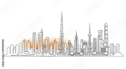 Single line cityscape of modern skyscrapers at sunset, urban, business, architecture