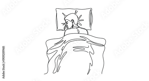 Continuous line art of a man sleeping in bed, rest, sleep, relaxation, comfort